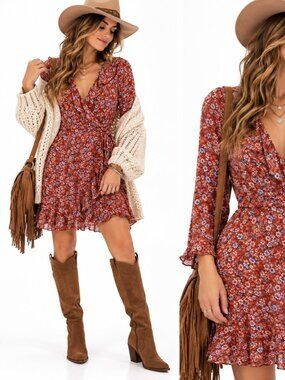 Lost + Wander Mini Dress Womens M Red Floral Puff Sleeve Boho Cottagecore NWT